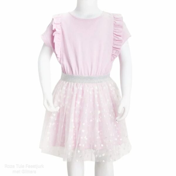 Lichtroze Tule Feestjurk met Glitters | Meisjes Jurk Glitterhartjes & Ruches - Trendy & Comfortabel